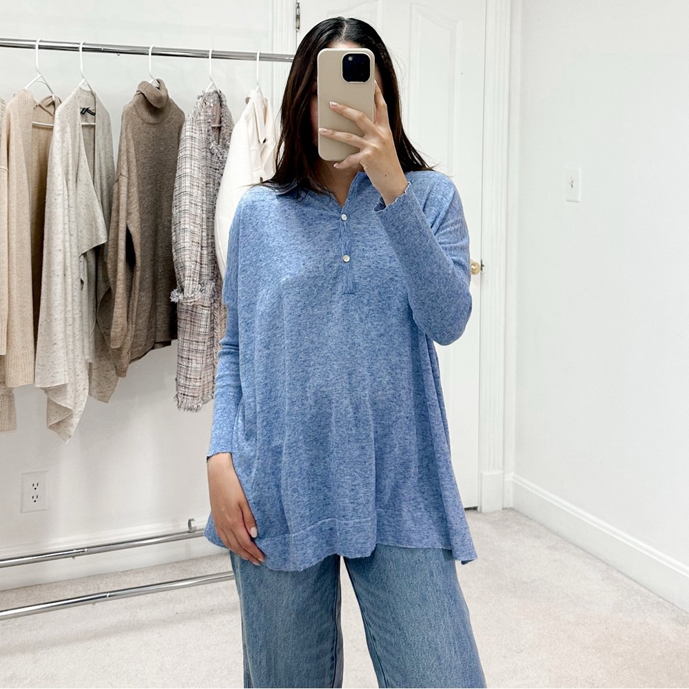 Tuckernuck Clayton Long Sleeve Knit Polo in Chambray Blue